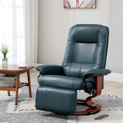 Fauteuil inclinable manuel en similicuir avec base pivotante en bois, bleu