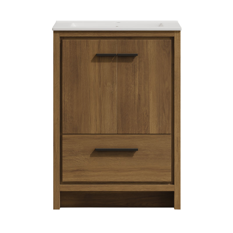Virage 24" Freestanding Bathroom Vanity In Brown Oak With Sink Top, Black, Single Hole, Brown