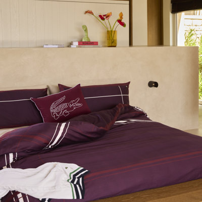 Lacoste Playful Check 100% Cotton Comforter Set, Soft Breathable All-Season with Embroidered Crocodile, King 3-Piece Burgundy