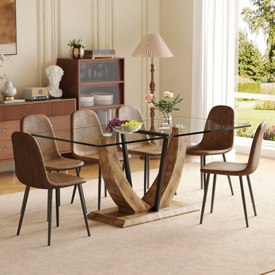 Ensemble de table à manger moderne 7 pièces, table en verre 71 po avec 6 chaises rembourrées, mobilier de cuisine rectangulaire pour économiser de l'espace