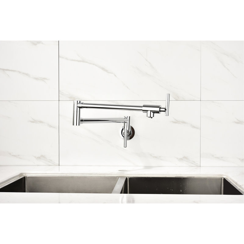 Pot Filler - Brass Content, Double Handle, Stable Control Wall Mount Brass, Drip Finish, Brushed Nickel