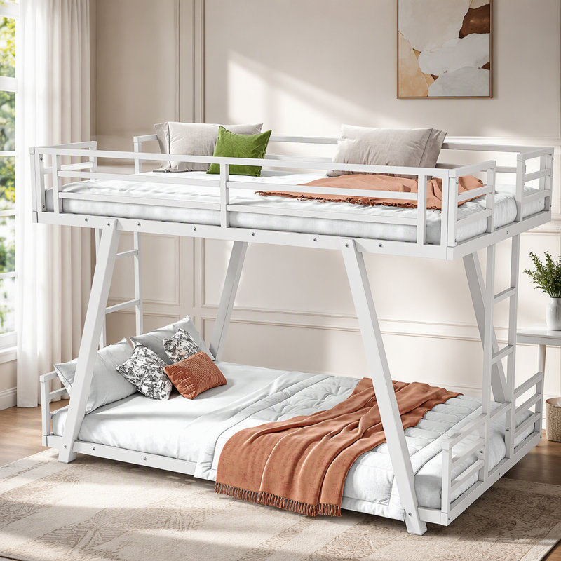 Lit superposé simple TG au-dessus de simple TG avec 2 échelles latérales, lit superposé en métal avec pieds de support spéciaux et lumière DEL, lit superposé à profil bas, blanc