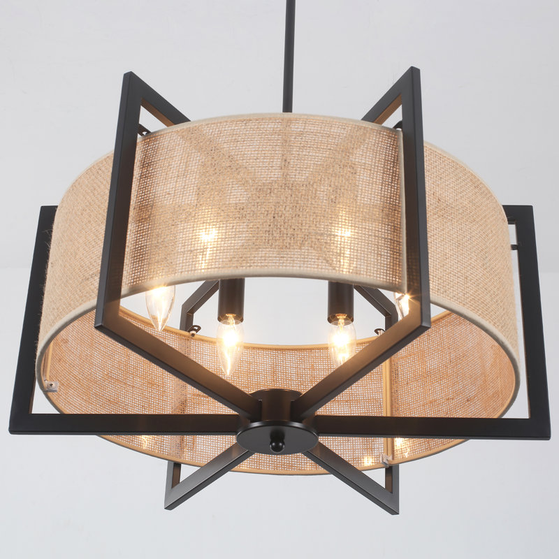 Nekoosa 6 - Light Dimmable Candle Style Geometric Hand-Woven Rattan Drum Chandeliers For Bedroom,Living Room,Foyer,Entryway,Hallway - 10.63" H X 21.56" W