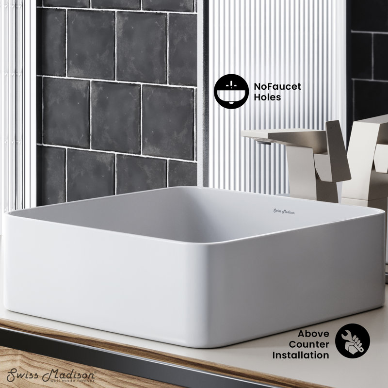 White Ceramic Square Above-Counter Vessel Sink, 15.74"