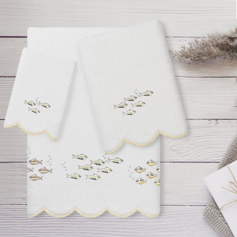  100% Turkish Cotton FISH SCHOOL Scallop 3PC Embellished Towel Set, White/Beige, 3 Piece Towel Set
