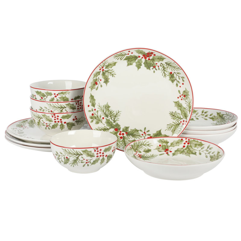 Gibson Home 12 Piece Festive Berries Decorated Porcelain Dinnerware Set