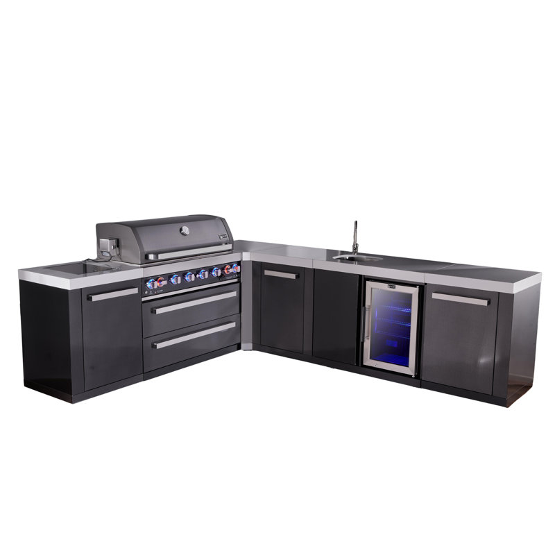 Mont Alpi Mai805-bss90bevxl 6-burner 94"x113" L-shaped Premium Black Stainless Steel Outdoor Kitchen Island Gas Grill + Beverage Center Sink & Faucet + Refrigerator + Granite Countertops + Rotisserie