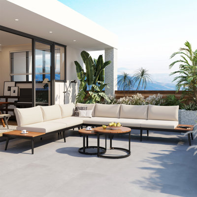 6-Piece Outdoor Sectional Sofa Set With Round Nesting Coffee Tables And Seating Sofa With Cushions For Patio