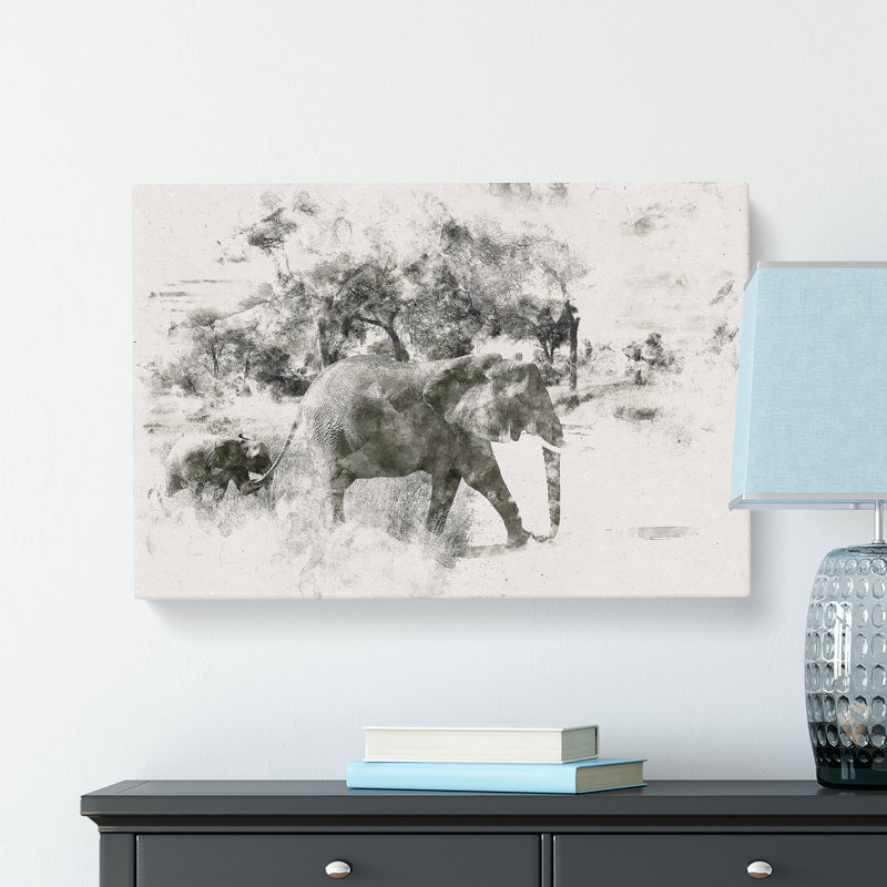Mother & Baby Elephant Strolling Watercolour - Wrapped Canvas Graphic Art Print, 45cm H x 76cm W x 4cm D