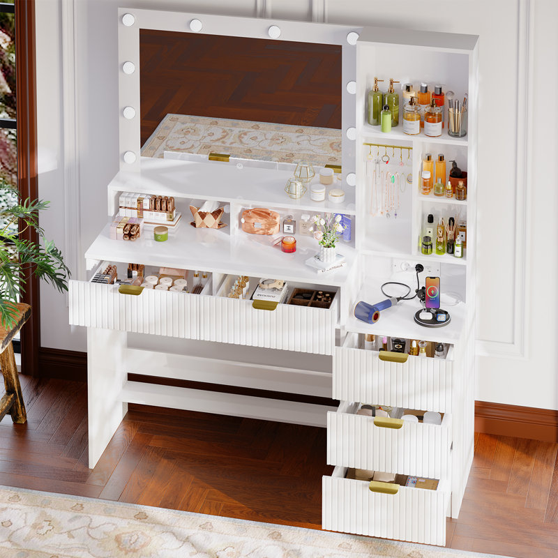 Dressing Table With USB Charge Make-up Desk Multi-storage Vanity Table, White