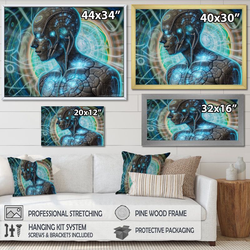 " Future Telepathy Turquoise Cybog ", Gold Floater Framed, 12" H x 20" W x 1" D