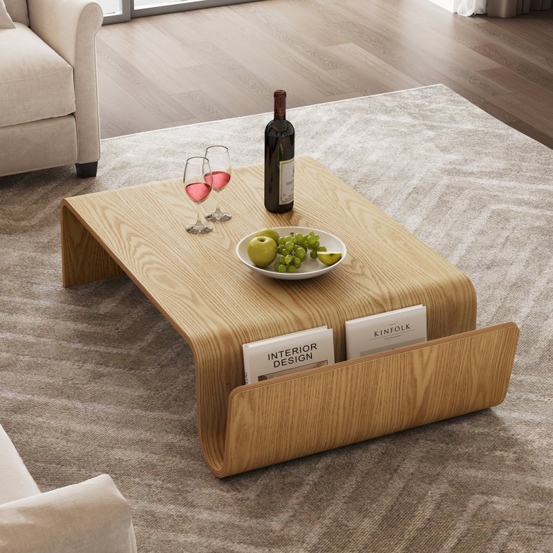 Table basse 42 po en bois massif entièrement assemblée avec fente de rangement pour livre de magazines, table de salon moderne en bois massif courbé