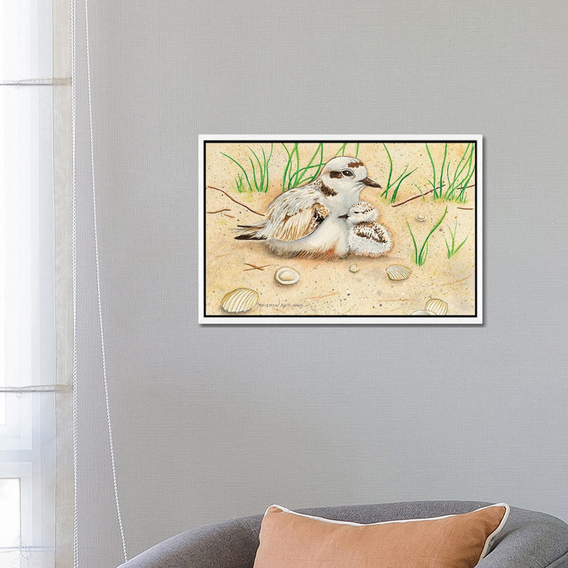 Snowy Plover Mom And Chick by Christine Reichow - Print on Canvas, 66.04 cm H x 45.72 cm W, White Framed