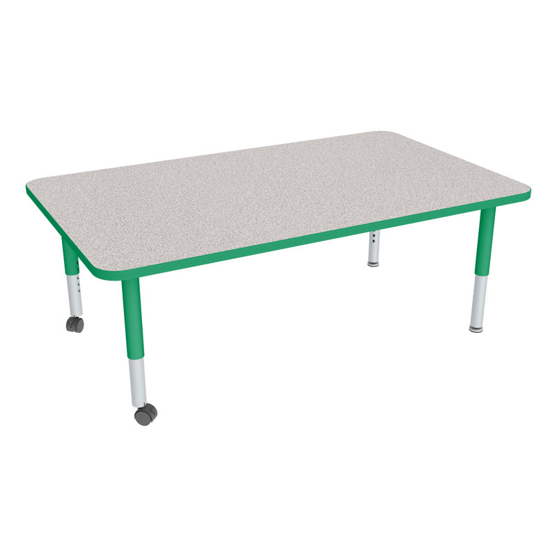 Table d'activités préscolaire rectangulaire à hauteur réglable avec roulettes, L 60 po x l 36 po, Gris nebula, Vert