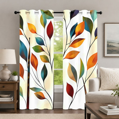 2 pièces rideaux à imprimé de feuilles colorées, rideau de style botanique, rideaux à œillets imprimés à thème nature vibrante, habillage de fenêtre pour le décor de la chambre à coucher