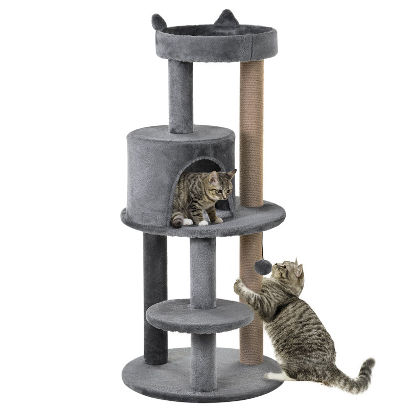 41" Cat Tree Tower with Condo, Scratching Posts, Hanging Ball, Grey