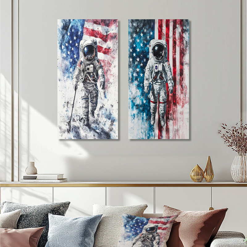 Premier astronault dans l'espace avec le drapeau américain I - Paysages, art mural 2 panneaux, Toile tendue