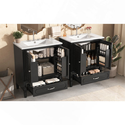 Ensemble de meuble-lavabo 60 po avec lavabo double 60 po, 2 armoires avec porte, 2 tiroirs, noir