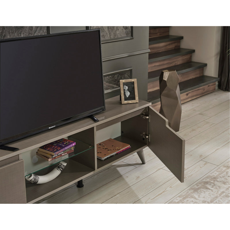 Furnishome Store Denver Mid Century Modern Tv Stand 2 Door Cabinets 1 Glass Shelf 66 Inch Tv Unit, Brown, Brown