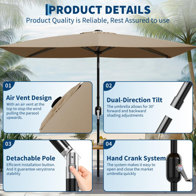 10'X6.5' Rectangular Outdoor Umbrella, with Crank & Push Button Tilt