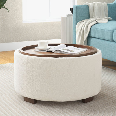 30.1" W Upholstered Round Storage Ottoman with Wooden Tray