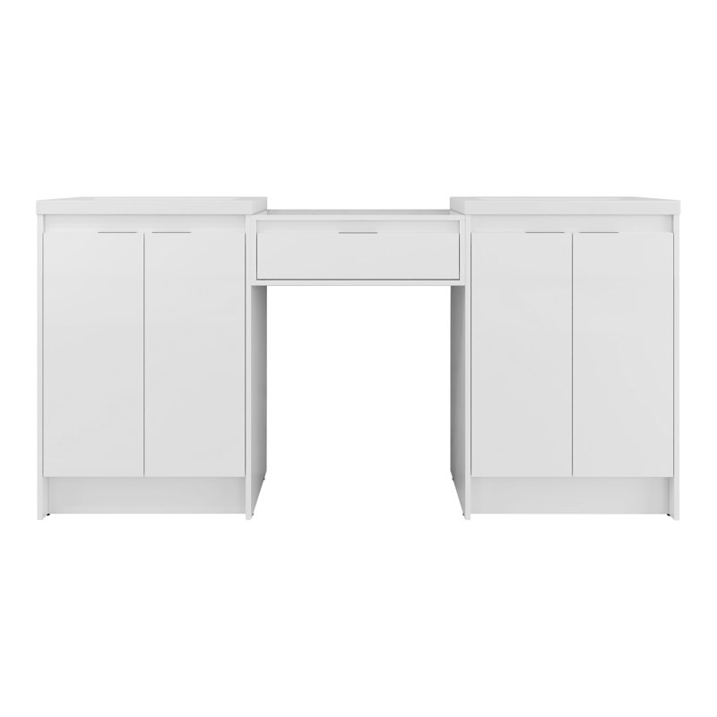 Meuble-lavabo double autoportant 72 po avec lavabos en résine, rangement à fermeture en douceur et armoire latérale - Contreplaqué blanc brillant, design luxueux moderne