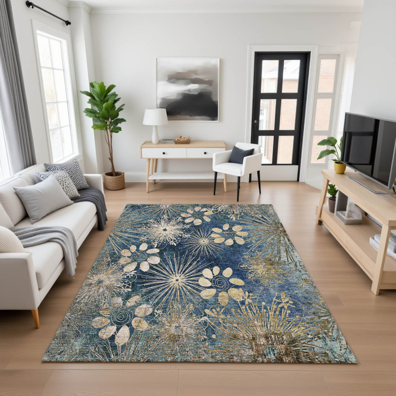 Premium Machine Washable Mayfield AMF2225 Floral Rug, Navy, 9' x 12'
