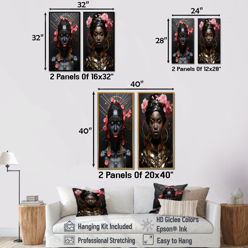 Ensemble de salon art mural africain et rose femme et élégance I, Cadre flottant blanc, H 28 po x l 25 po