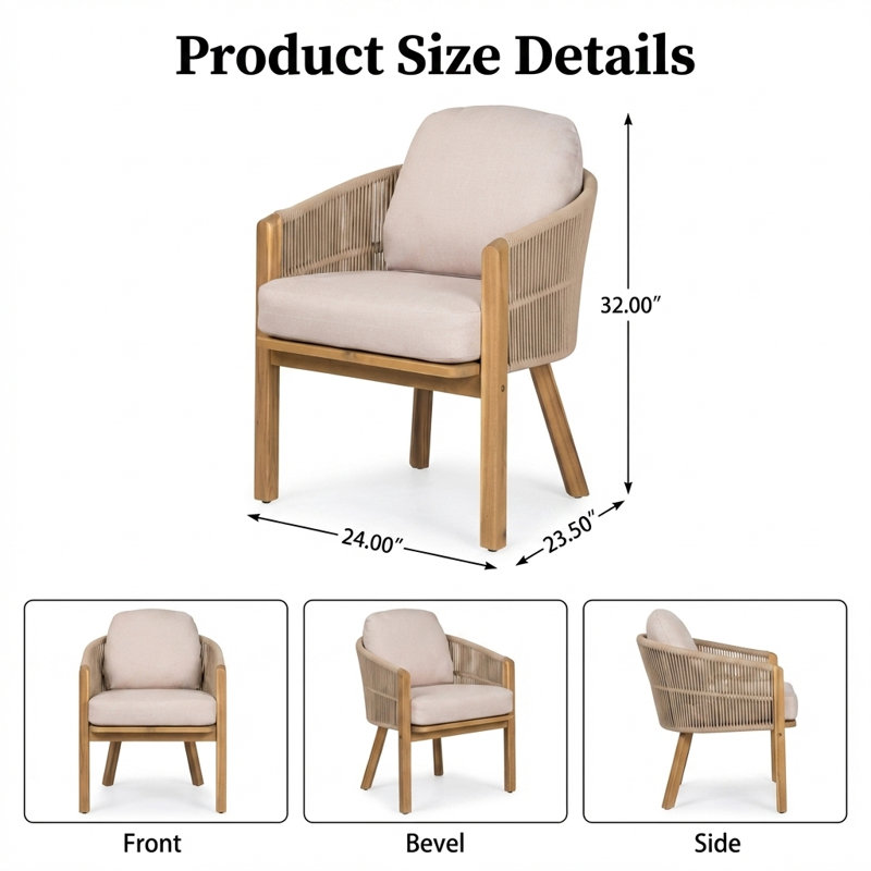 Ensemble de 2 fauteuils de salle à manger d'extérieur avec structure robuste en bois d'acacia durable, dossier et siège en corde épaisse tissée à la main respirante, coussins moelleux et amovibles