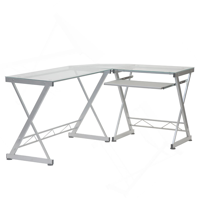 Bureau d'ordinateur en L en verre trempé avec panneau de clavier coulissant, transparent