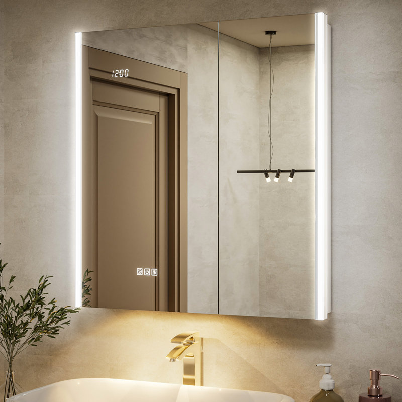 Armoire à pharmacie DEL 76 cm (L) x 81 cm (H) avec miroir, éclairage 3 couleurs à intensité variable, antibuée, prises électriques et ports USB, montage encastré ou en saillie