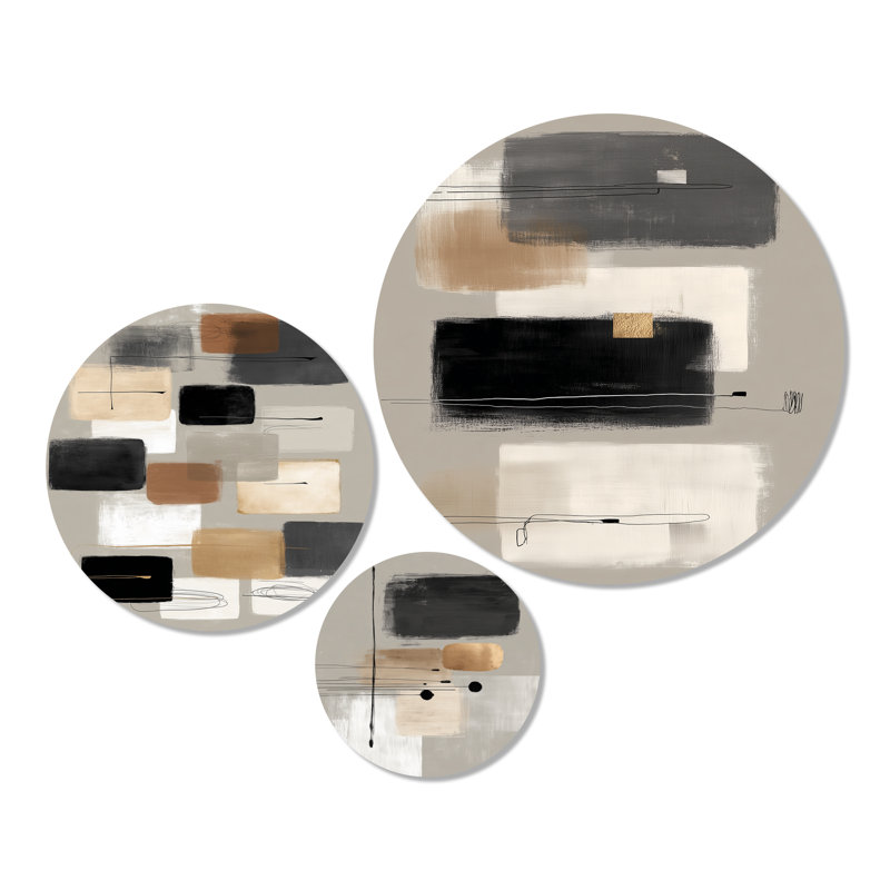 Formes noires avec minimalisme gris, mélange abstrait II - ensemble d'art mural en métal géométrique de 3