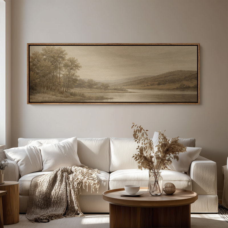 Art mural sur toile encadrée - Paysage de rivière tranquille avec arbres et Rolling Hills dans des tons neutres chaleureux - 16 po x 24 po, 24 po x 36 po
