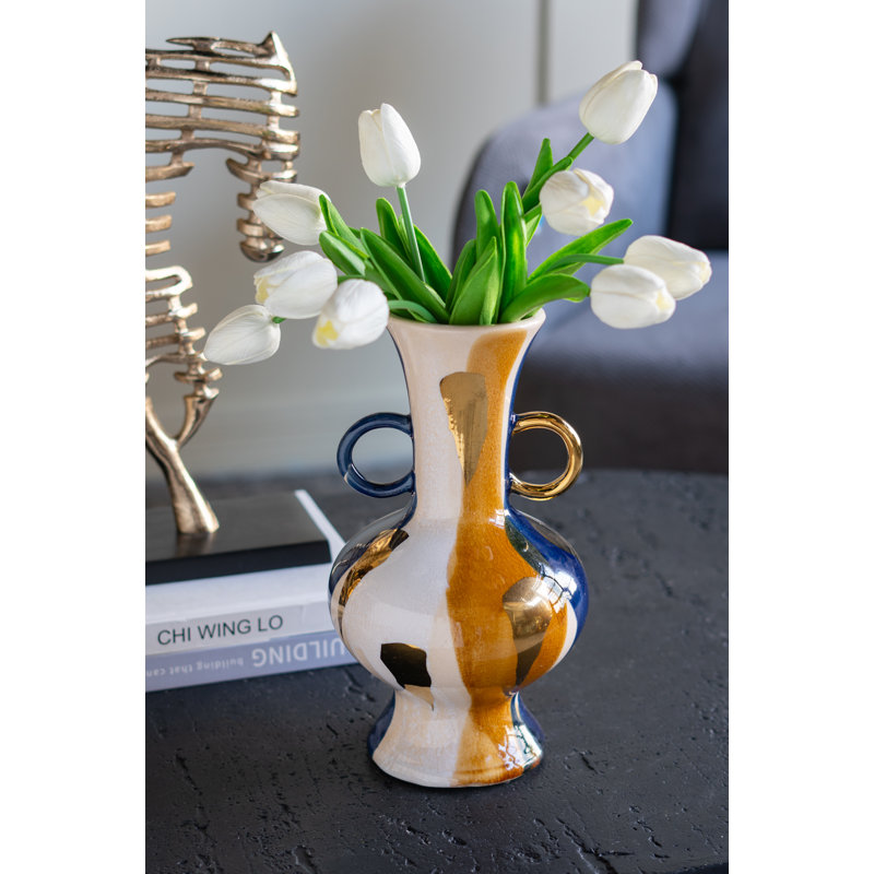 Vase rond en céramique avec finition abstraite multicolore et petites poignées, Jaune / Blanc