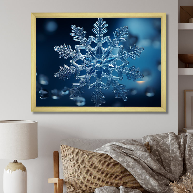 «Blue Snowflake Holiday I - Winter Landscape», art mural, Cadre flottant noir, H 12 po x l 20 po x P 1 po
