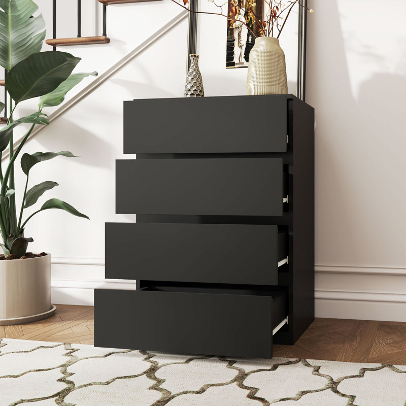 Commode de chambre à coucher, commode à 4 tiroirs pour chambre à coucher, Noir, noir, noir, noir