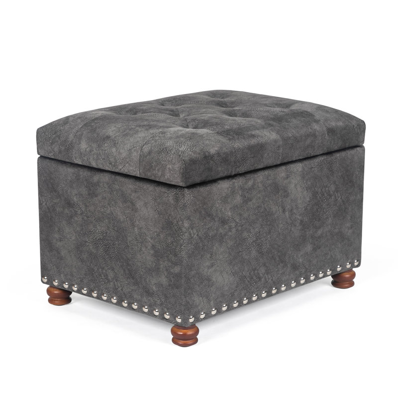 Gray Tufted Fabric Storage Ottoman with Nailhead Trim