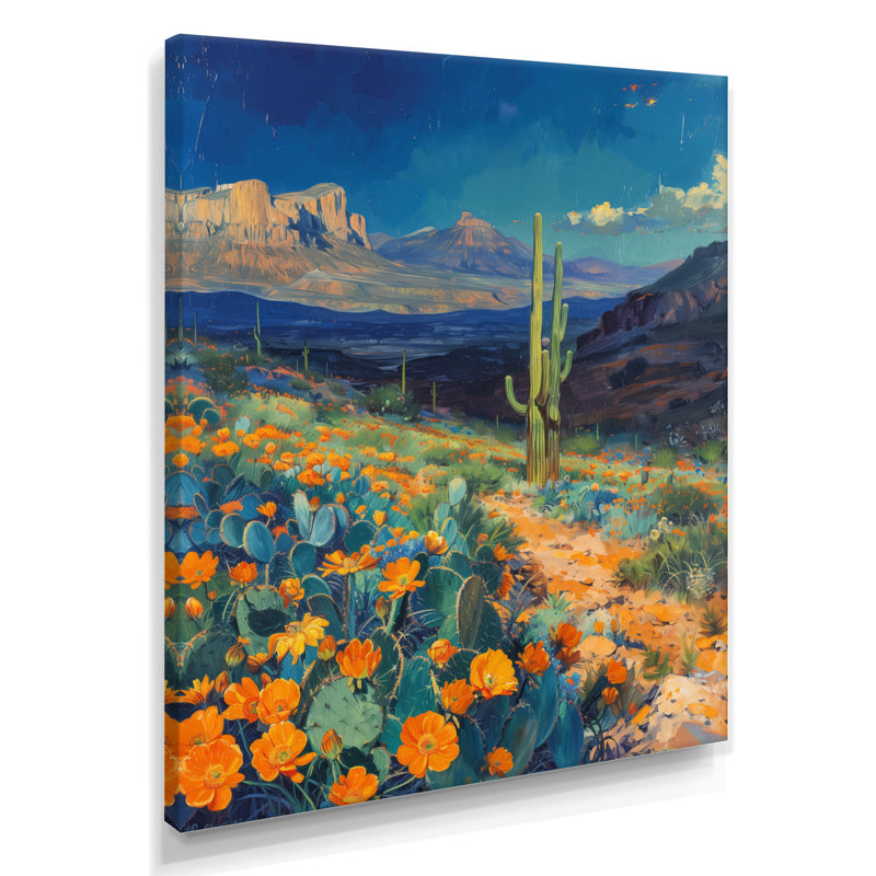 Orange, bleu, désert, cactus, paysage au Mexique II - plantes, art mural, H 20 po x l 12 po x P 1 po, Toile tendue