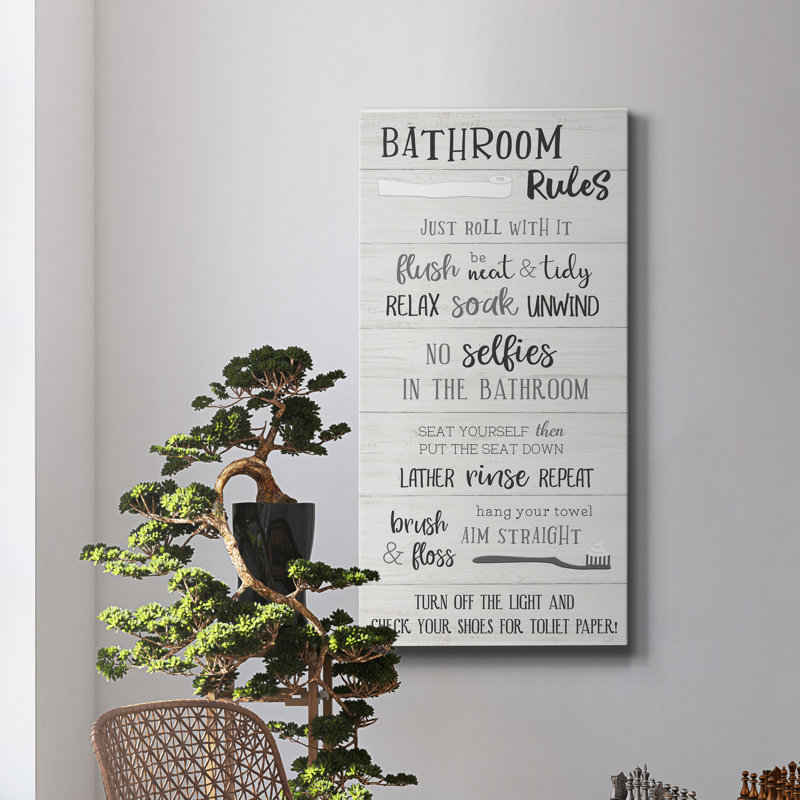 «Bathroom Rules», art textuel sur toile tendue, H 24 po x l 12 po x P 1 po