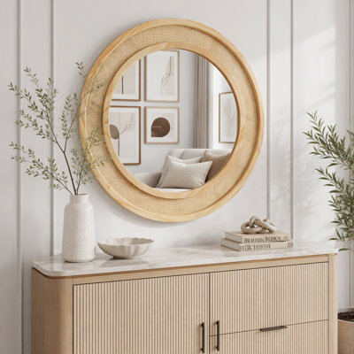 Miroir mural rond en rotin avec cadre en bois naturel