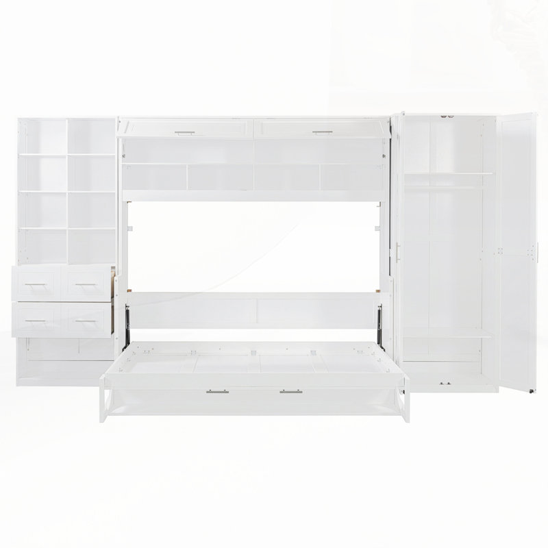Lit escamotable double avec placard, tiroirs et tablettes, Double, Blanc
