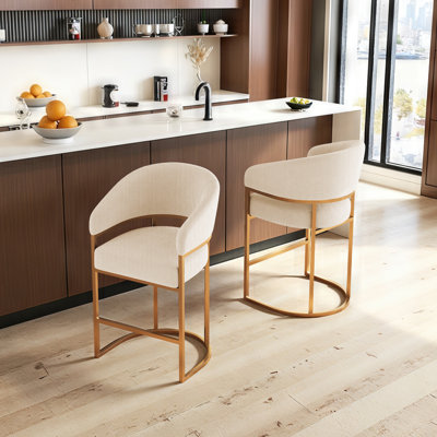 Tabouret de bar de 66 cm (26 po) de hauteur comptoir, en cuir PU blanc avec base en métal doré