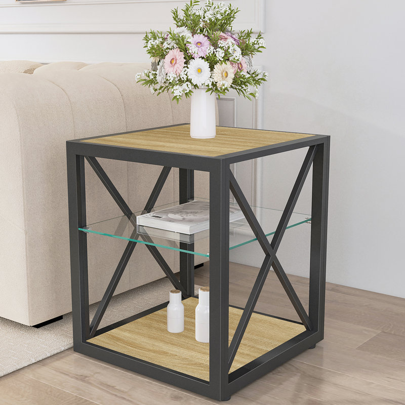 Ensemble de 2 tables de chevet modernes pour chambre à coucher et salon, plateau en panneau de fibres à densité moyenne en bois trempé et bois naturel, table d'appoint de style industriel