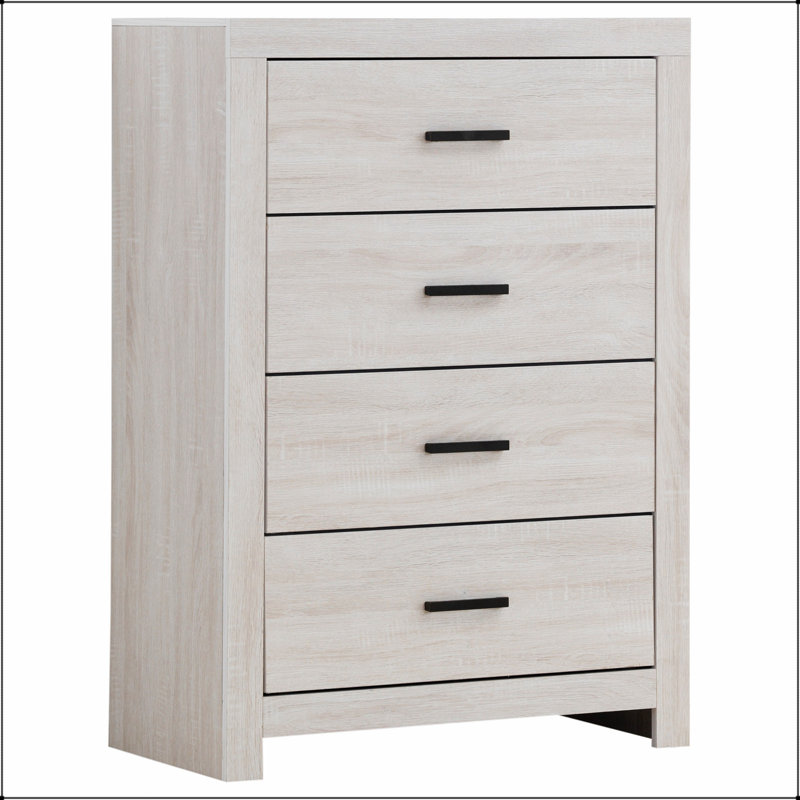 Commode rectangulaire à 4 tiroirs Geary Coastal White avec rangement spacieux, idéale pour les intérieurs modernes et de plage.