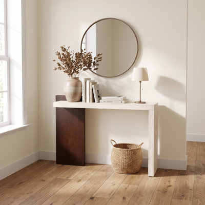 Modern Entryway Console Table With Walnut Wood Grain & Faux Marble Top, Asymmetrical Design Mdf Sofa Table Hallway Accent Table, Easy Assembly - 47.2" W