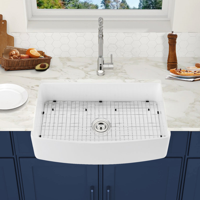 Évier de cuisine 33 po x 20 po - blanc, tablier arqué à l'avant, chaleur, égratignures, antirouille, rouille, devant facile à nettoyer 33 po x 20 po avec rebord, blocage, lavage simple