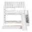 Lit superposé simple au dessus d'un lit simple avec lit gigogne et glissade, escalier de rangement, toit et fenêtre, blanc