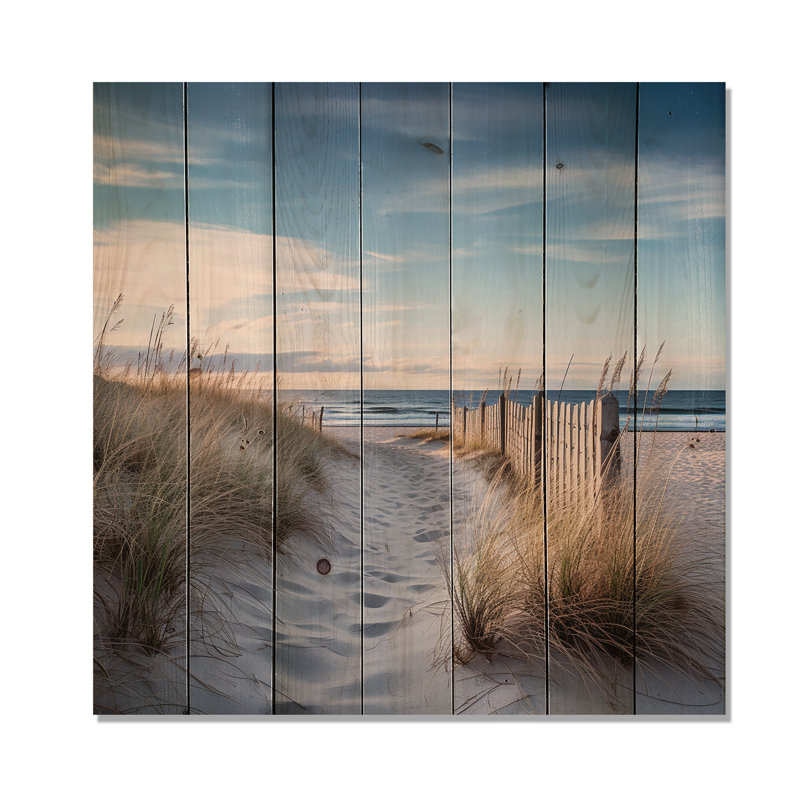 Chemin vers la plage II - Impression nautique et de plage sur bois de pin naturel, H 25 po x l 25 po x P 0,78 po