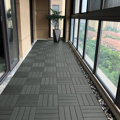 Garden Decking Tiles, WPC Plastic Terrace Tiles,  Interlocking Flooring in Wood Look, Weather-Resistant, Indoor Outdoor Drainage Balcony Flooring, 1m²