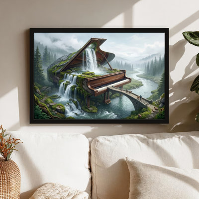 Toile noire encadrée en bois noir pour salon, chambre à coucher, bureau ou vestibule - décoration murale décorative avec paysage fantastique